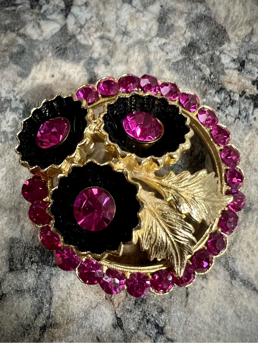 Vintage Magenta Rhinestone Dome Brooch in Gold-Tone Setting w Black Accents